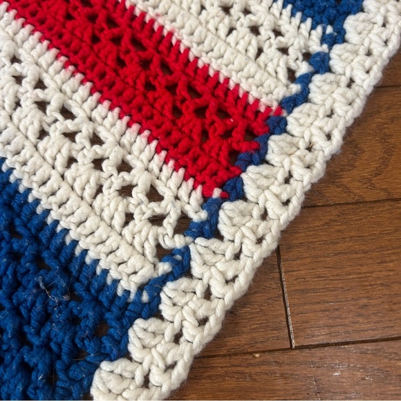 EUC handmade crocheted blanket afghan in red, white and blue. 41x77 inches. - Picture 4 of 7